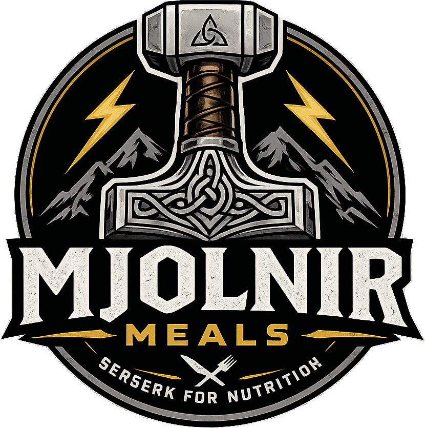 Mjolnir Meals badge: a hammer and lightning bolts over mountains